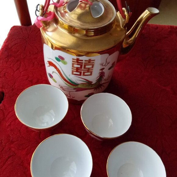 Vintage Chinese porcelain tea pot cups set dragon phoenix double happiness - Picture 2 of 13